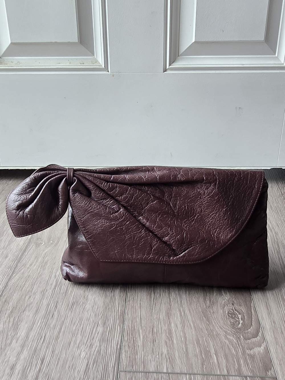 Leather Bermans Bag Oxblood Plum Bow Detail Vintage Envelope Clutch 80s 8x12"